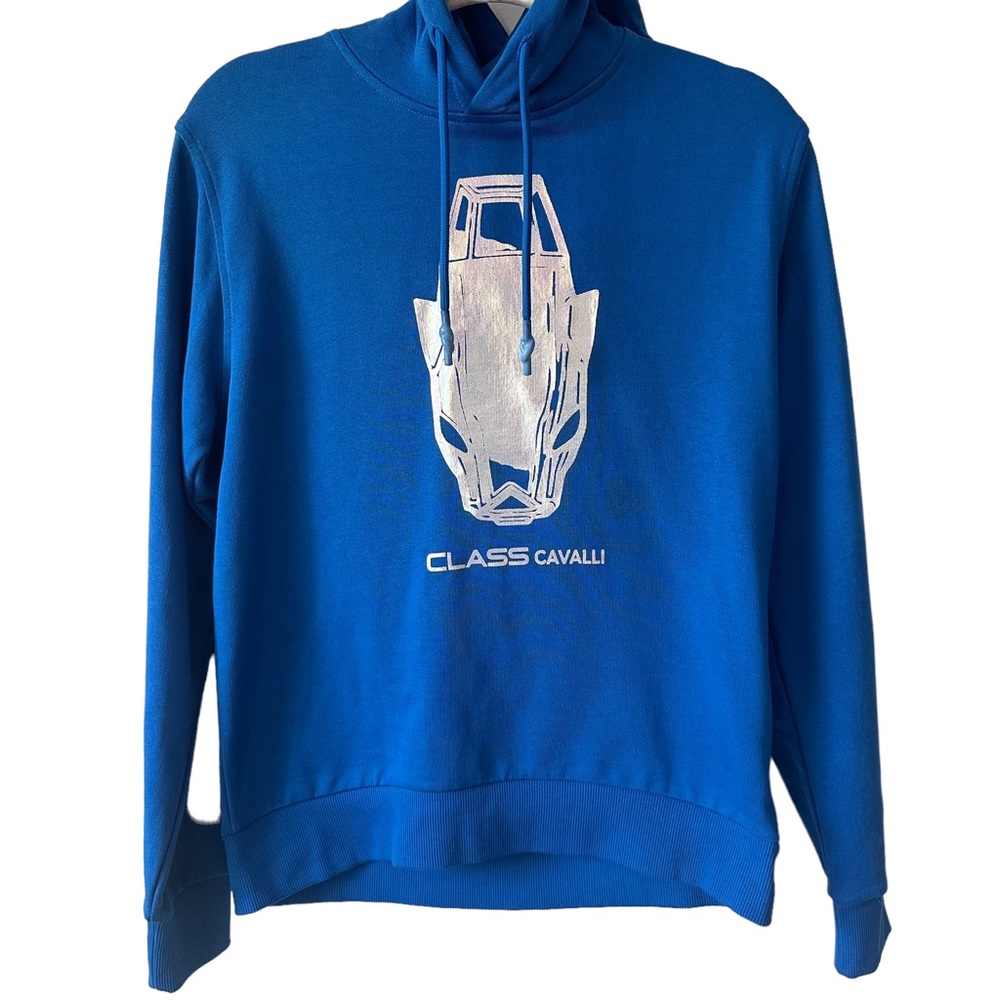 Cavalli Class Blue Hooded Pullover Sweatshirt. Size Small